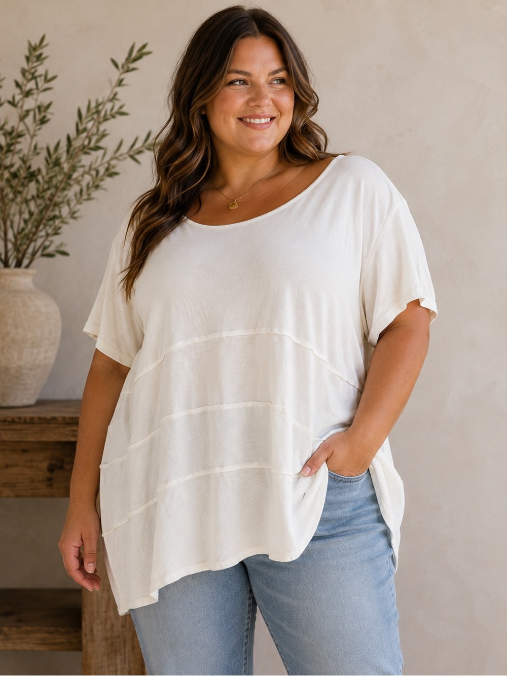 NWT Coldwater Creek Ivory Mixed Media Panel Tunic Top Blouse Plus 1X Lagenlook